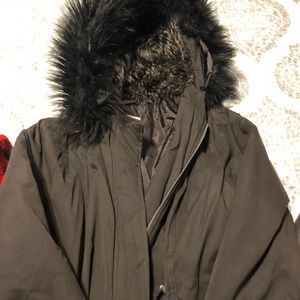 Gray Winter Coat with Fur Hood and Quilted Inner